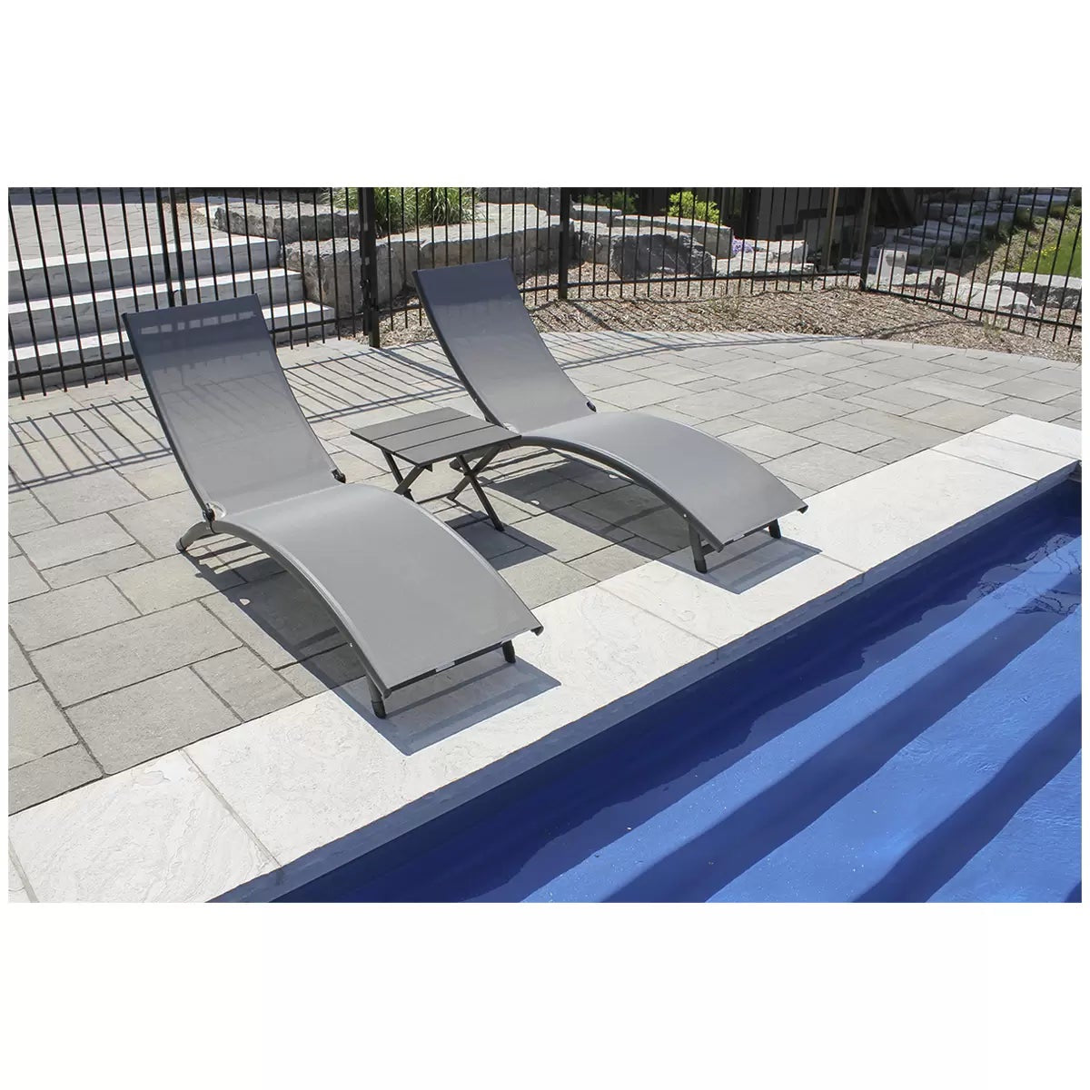 Vivere Coral Springs Chaise Lounge Set 2 Chairs+ Side Table Dark Grey 5 Position