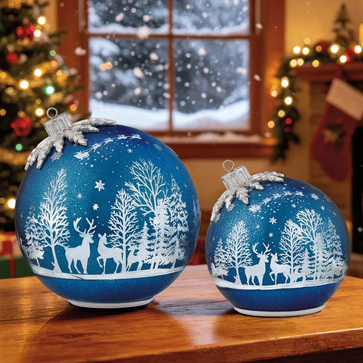 Seasonal Rotating Glass Balls 2 Piece Set Blue Decorative Christmas Decor