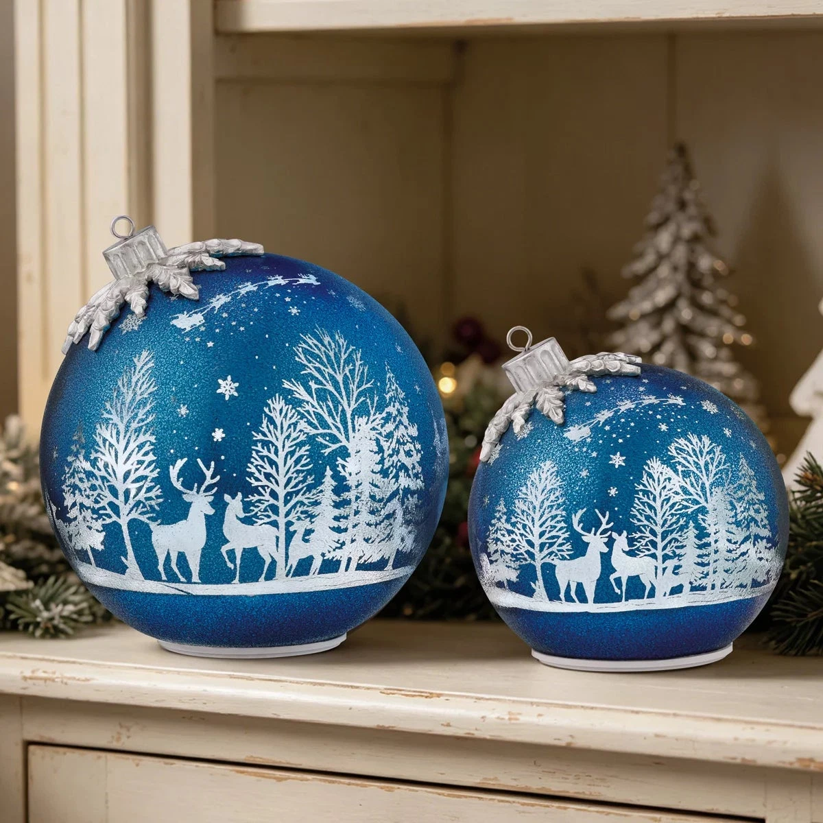 Seasonal Rotating Glass Balls 2 Piece Set Blue Decorative Christmas Decor