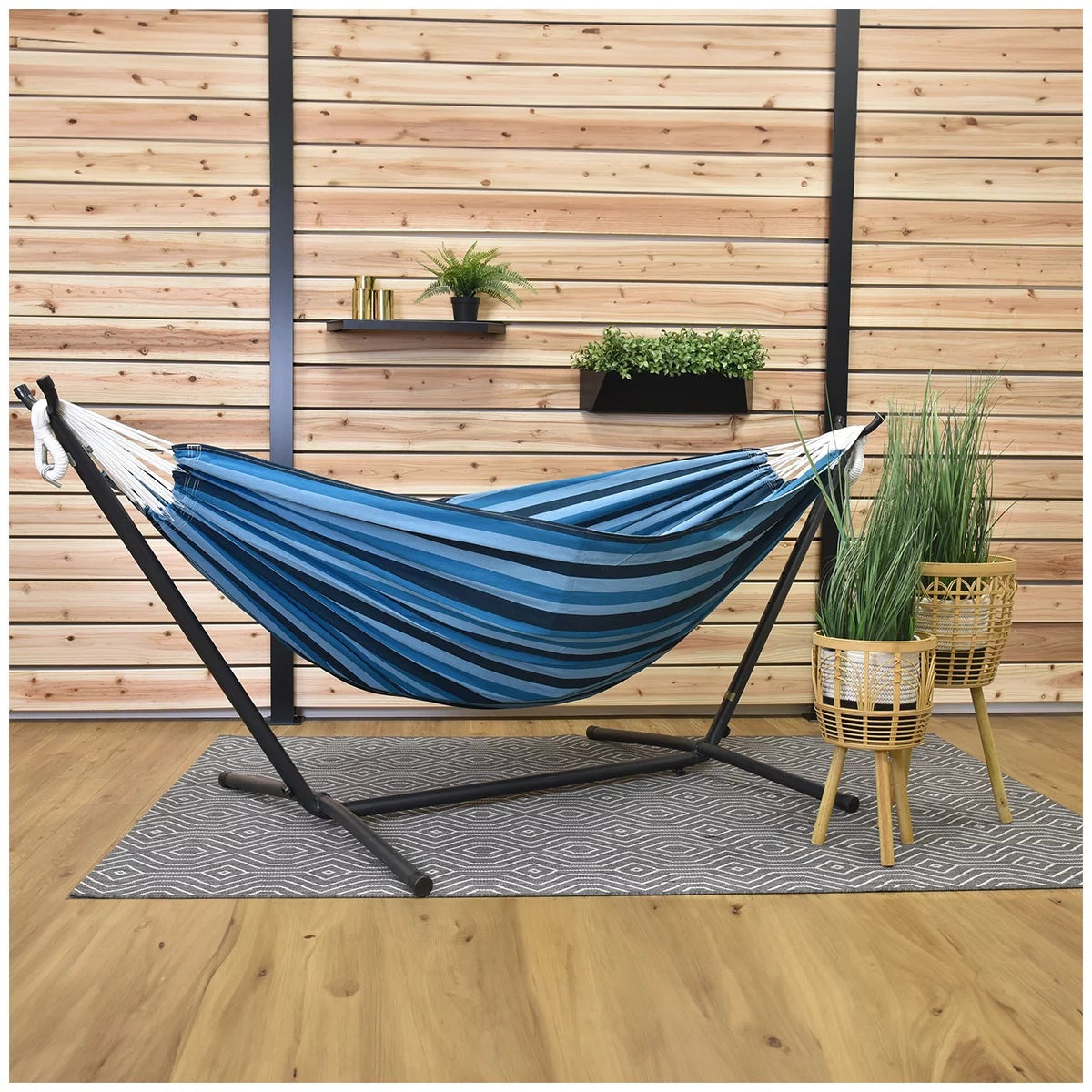 Vivere Cotton Double Hammock with Steel Stand Blue Lagoon 204kg