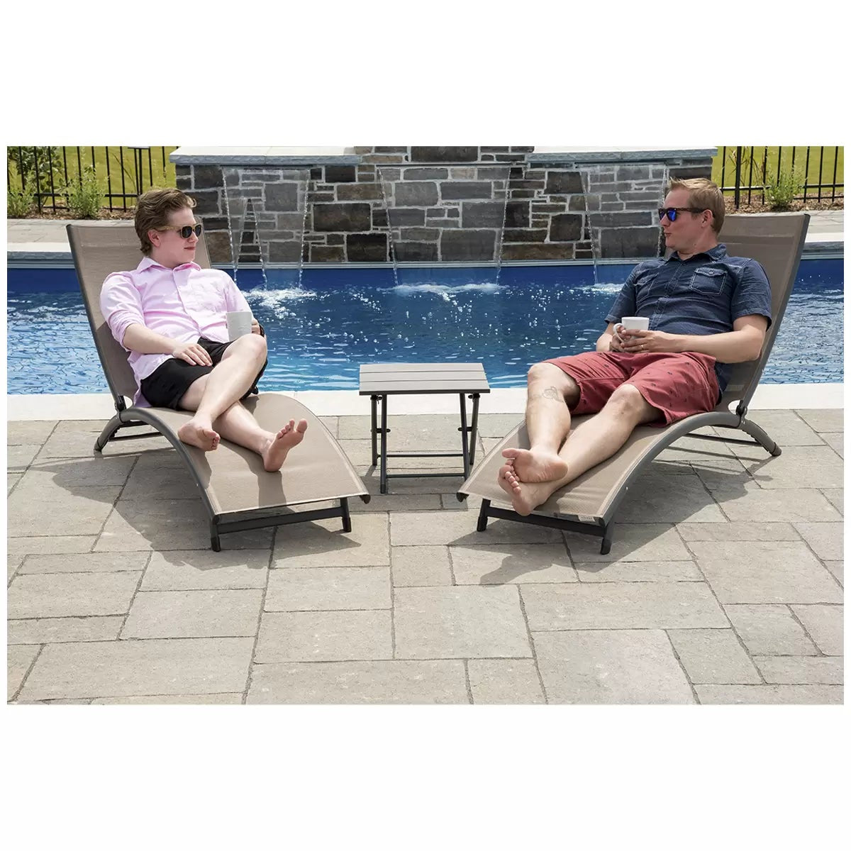 Vivere Coral Springs Chaise Lounge Set 2 Chairs+ Side Table Macchiato 5 Position