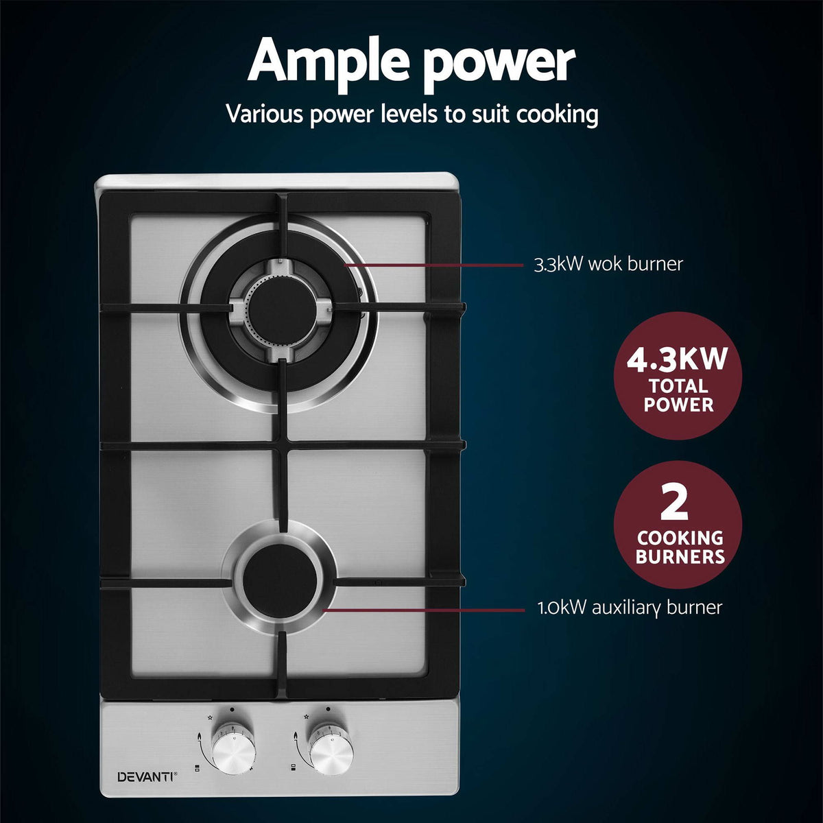 Devanti Gas Cooktop 30cm 2 Burner Silver