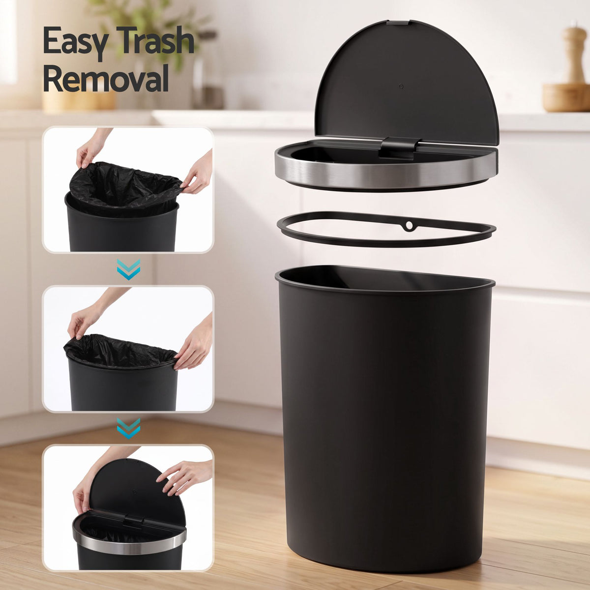 Devanti 50L Sensor Bin D-Shape Trash Can Kitchen Smart Rubbish Bin Black