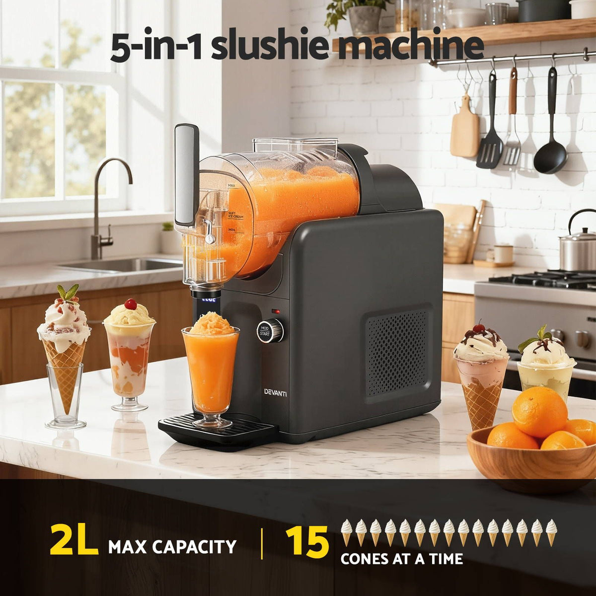 Devanti 5in1 Slushie Machine Ice Cream Maker 2L Grey