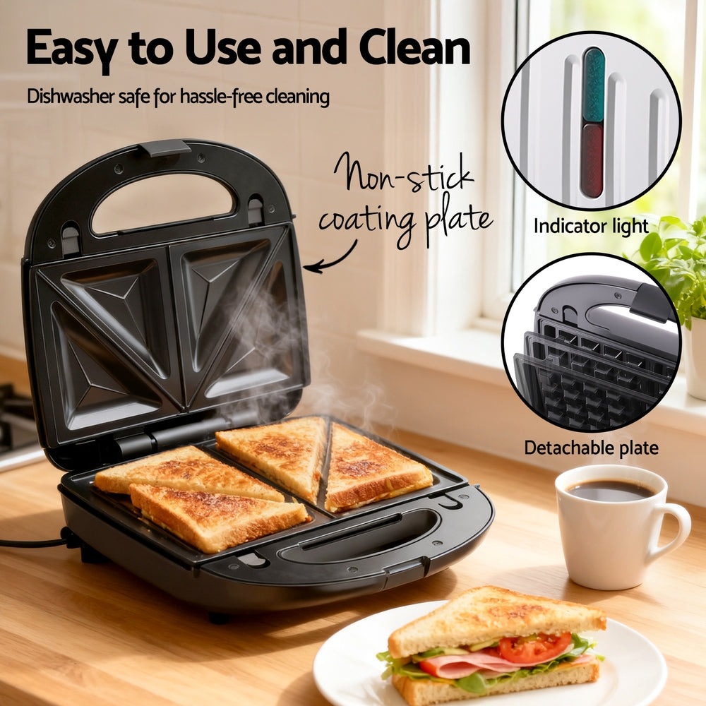 Devanti 3-in-1 Sandwich Press Waffle Maker Panini Press Grill 850W