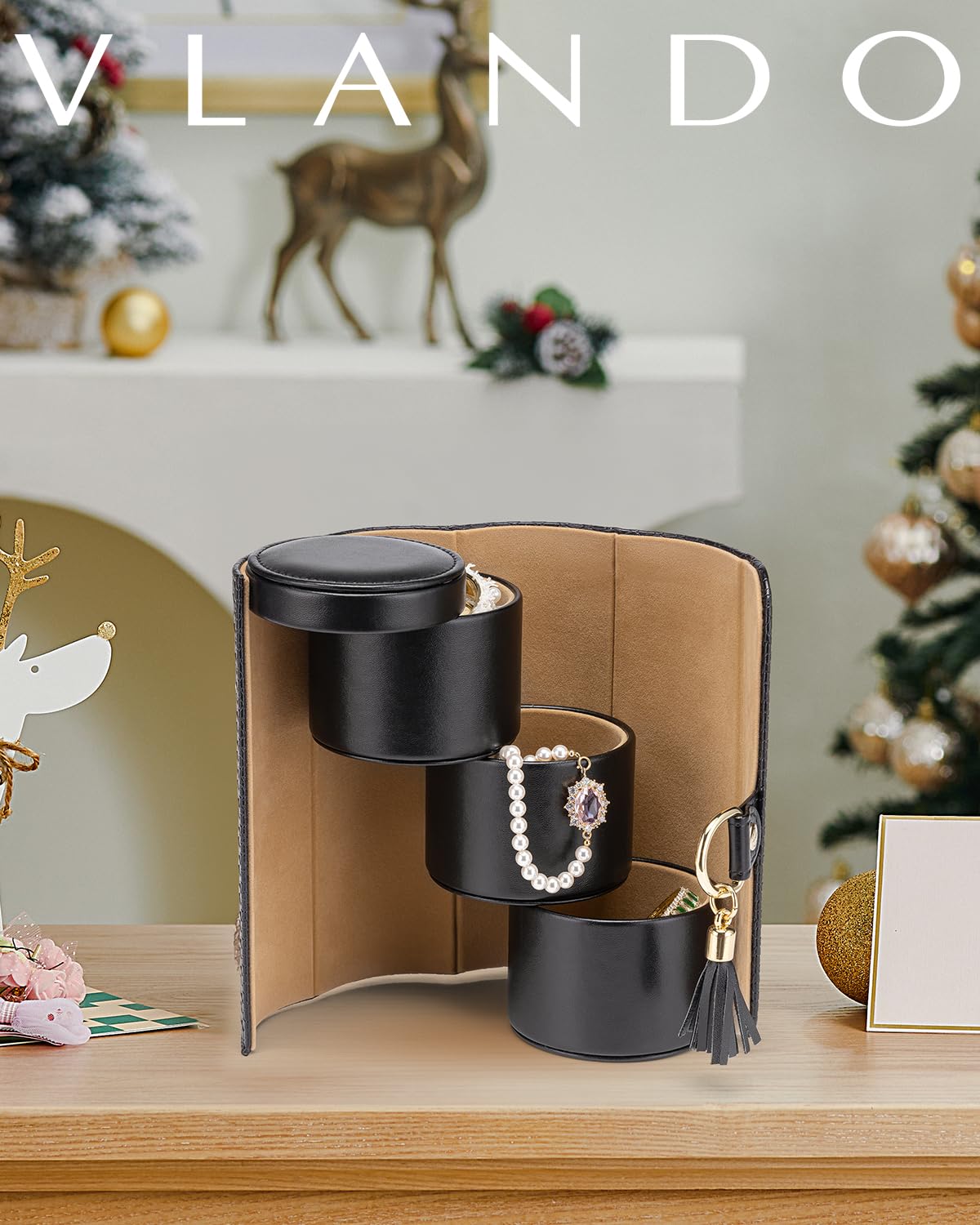 Black Travel Jewelry Case: 3-Layer PU Cylinder Organizer for Necklaces, Earrings, Gifts for Travelers & Jewelry Lovers