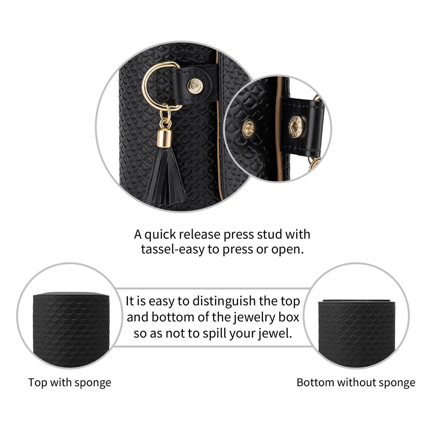 Black Travel Jewelry Case: 3-Layer PU Cylinder Organizer for Necklaces, Earrings, Gifts for Travelers & Jewelry Lovers