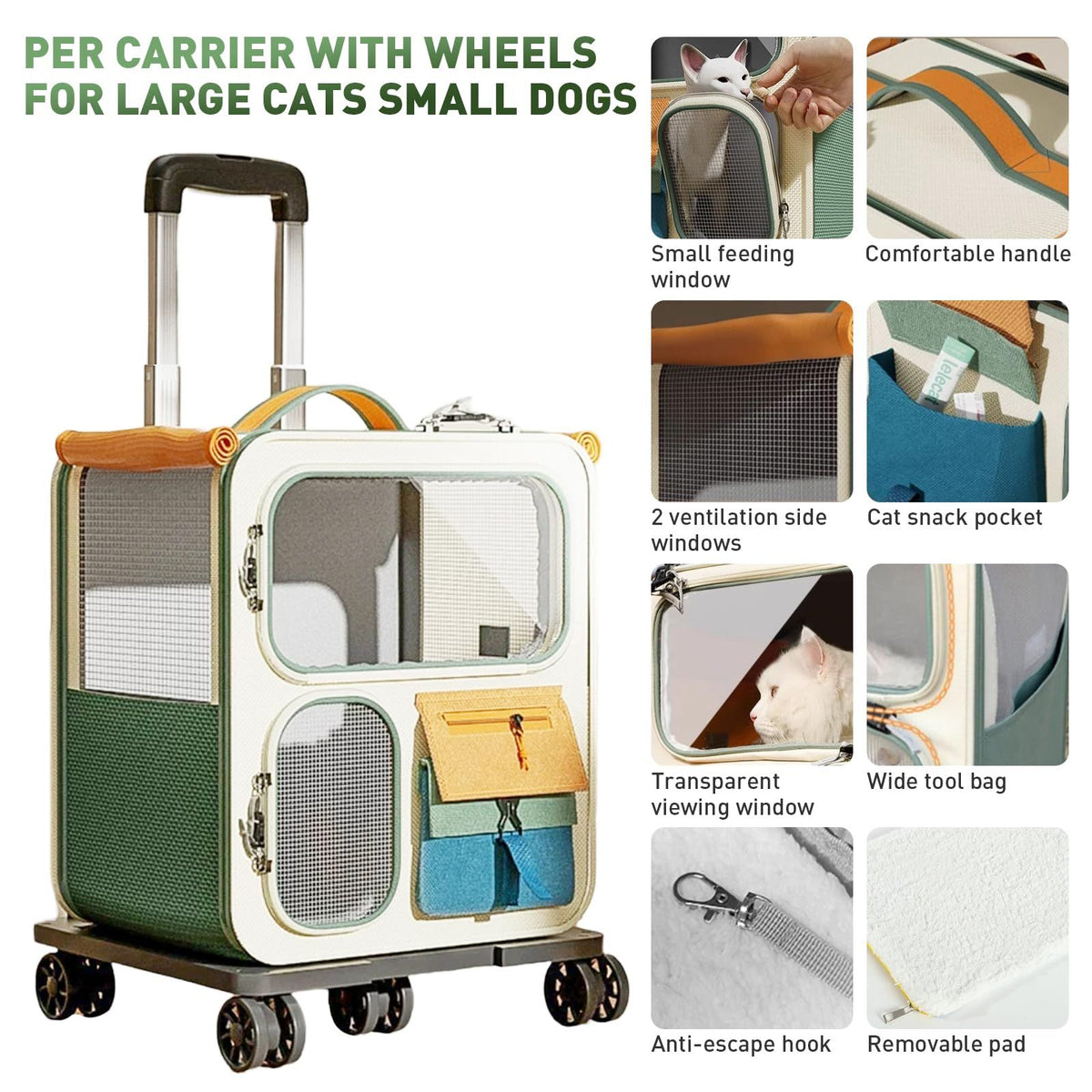 Cat Carrier with Wheels, Folding Rolling Pets Carrier on Wheel Soft Pet Handbag Cats Backpack, Dog Carriers up to 23 LBs Removable Cat Bag for Small Dogs Medium Cats Outing(Green)