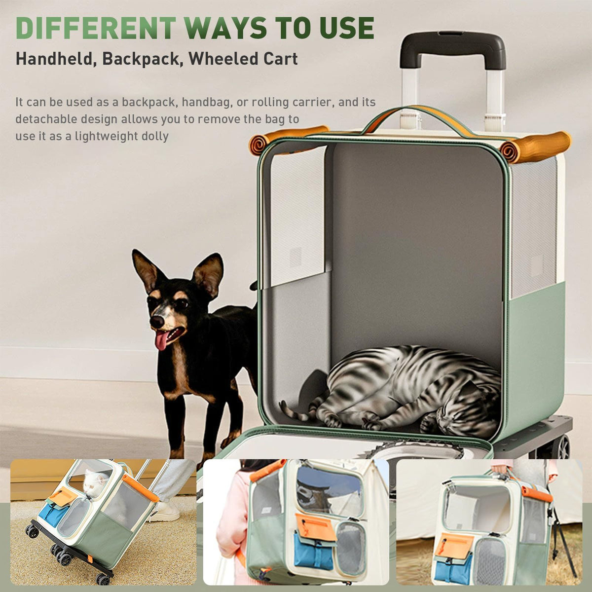 Cat Carrier with Wheels, Folding Rolling Pets Carrier on Wheel Soft Pet Handbag Cats Backpack, Dog Carriers up to 23 LBs Removable Cat Bag for Small Dogs Medium Cats Outing(Green)