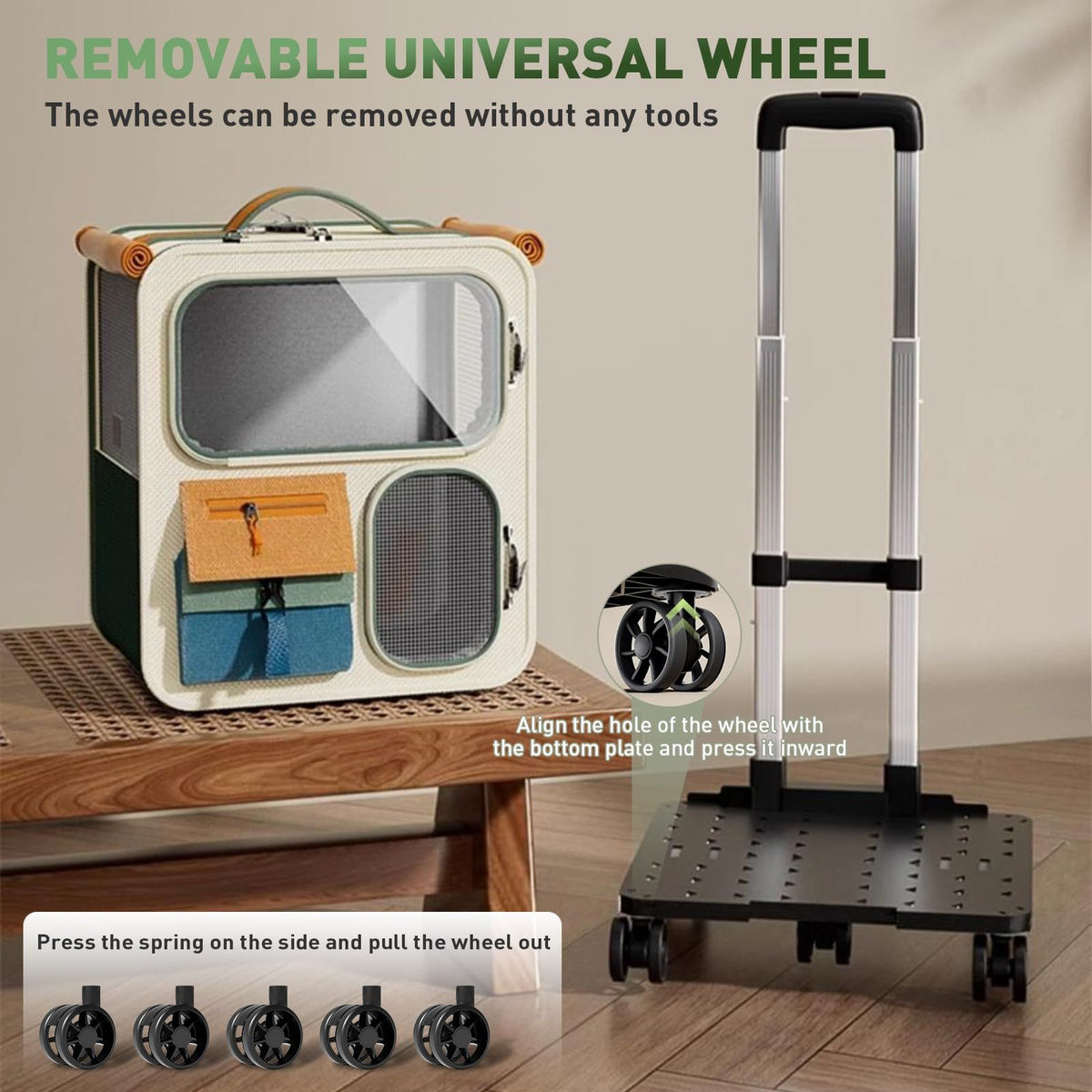 Cat Carrier with Wheels, Folding Rolling Pets Carrier on Wheel Soft Pet Handbag Cats Backpack, Dog Carriers up to 23 LBs Removable Cat Bag for Small Dogs Medium Cats Outing(Green)