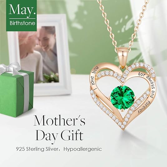Forever Love Heart Birthstone Necklace: 925 Sterling Silver Personalized Jewelry for Mom, Wife, Friend with 12 Month Stone Options（green diamond,May）