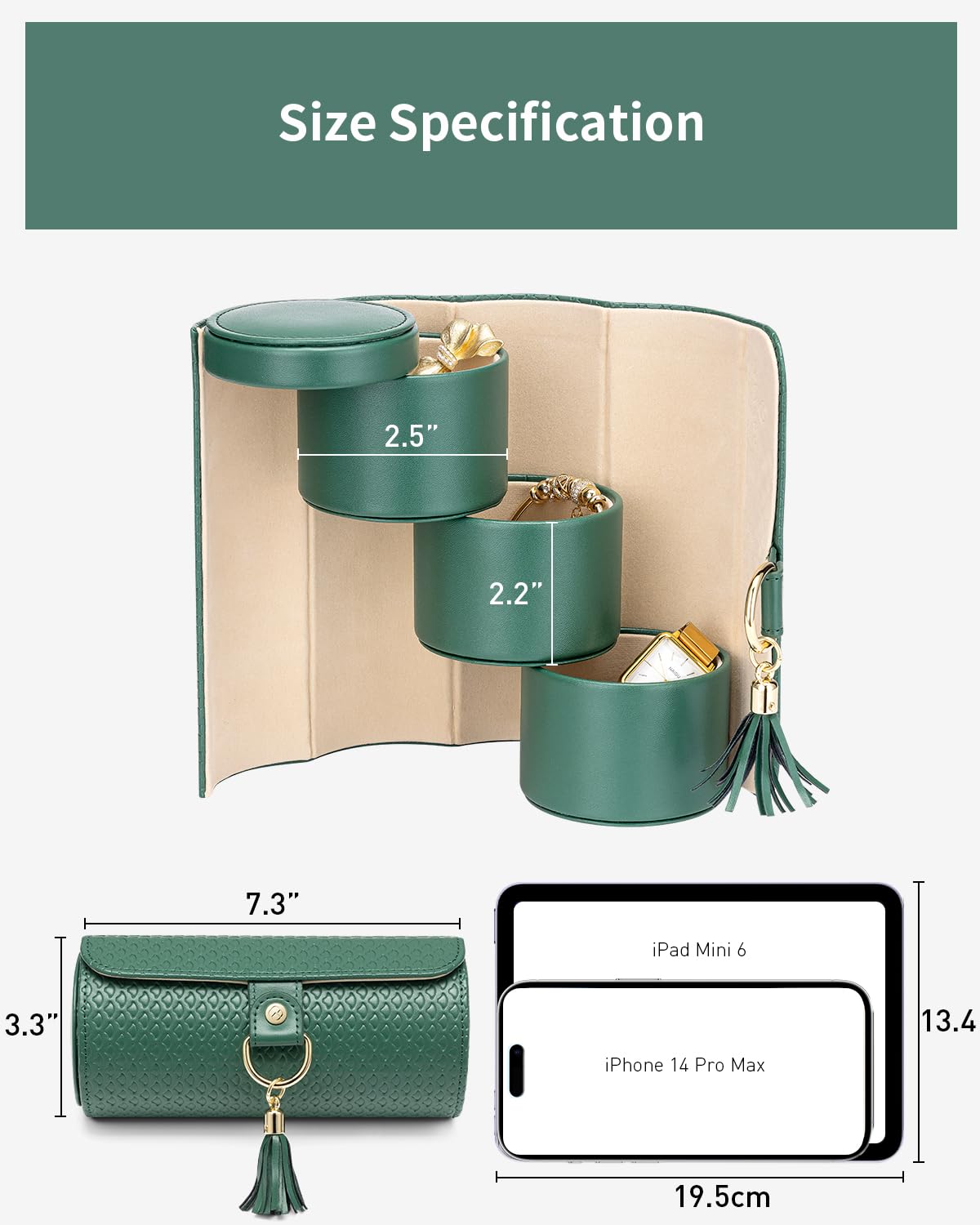 Green Travel Jewelry Case: 3-Layer PU Cylinder Organizer for Necklaces, Earrings, Gifts for Travelers & Jewelry Lovers