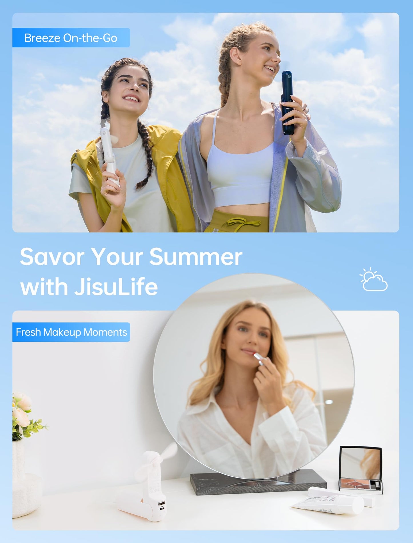 Handheld Mini Fan (White), 3-in-1 USB Rechargeable Portable Fan with Power Bank & Flashlight, Pocket Design for Travel & Summer