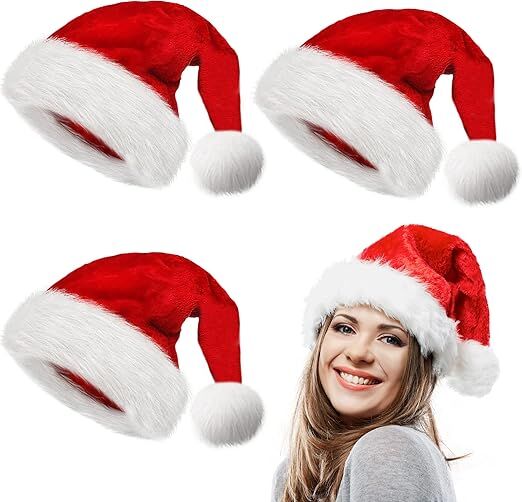 3Pack Christmas Santa Hats for Adults - Extra Thicken Velvet Santa Claus Hats for Women Men Fluffy Plush Xmas Hats Christmas Party Supplies New Year's Eve Party Hats for Adults Teenagers