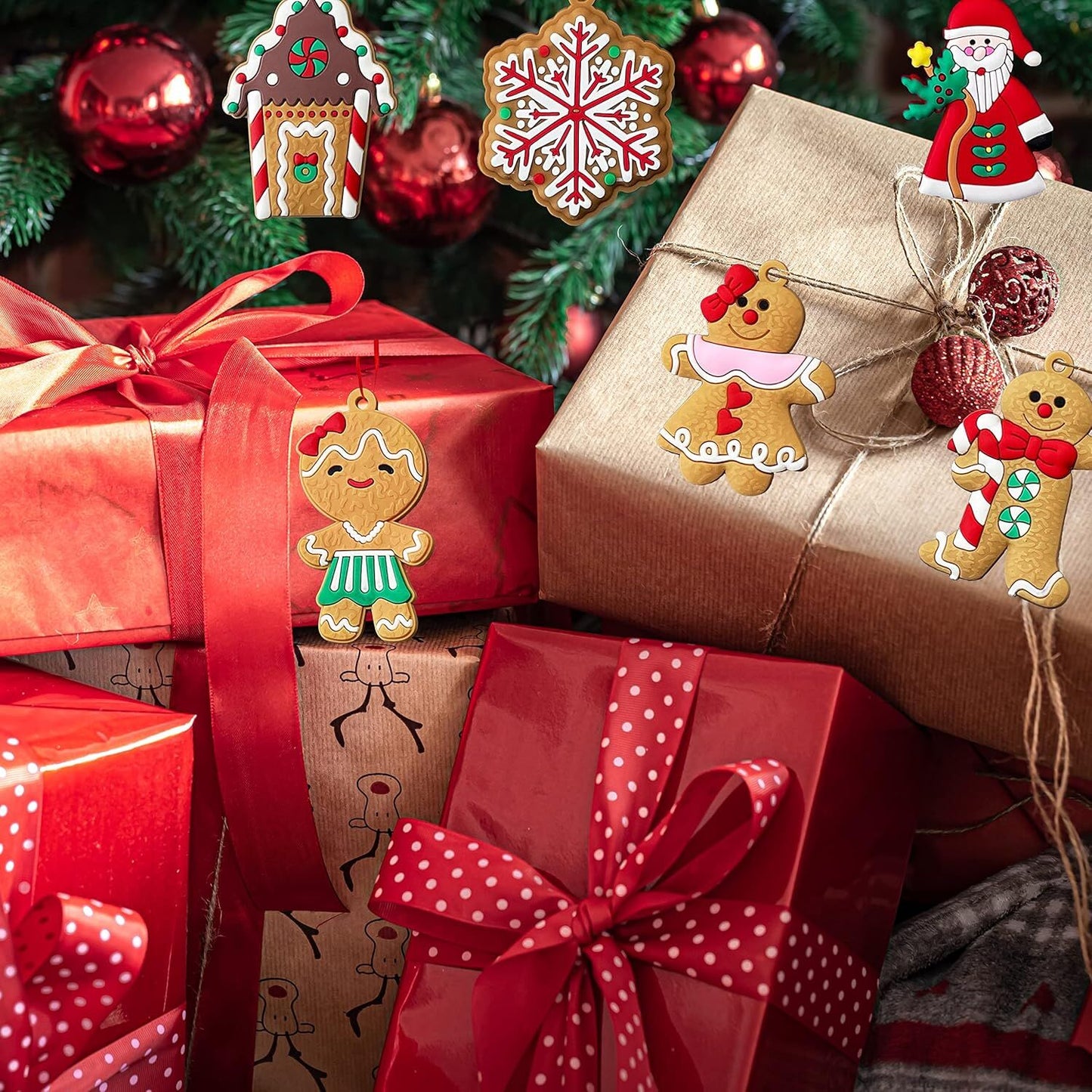 12pcs Christmas Ornaments Cute Snowman Xmas Tree Decorations Santa Claus Plastic Figurines Ornaments with Sugar Cookie House for Christmas Tree Hanging Party DIY Decor 3 Inch Tall