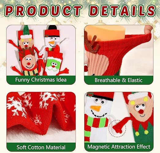 4 Pairs Christmas Socks, Crazy Holiday Hand Holding Socks Funny Christmas Stocking Stuffers