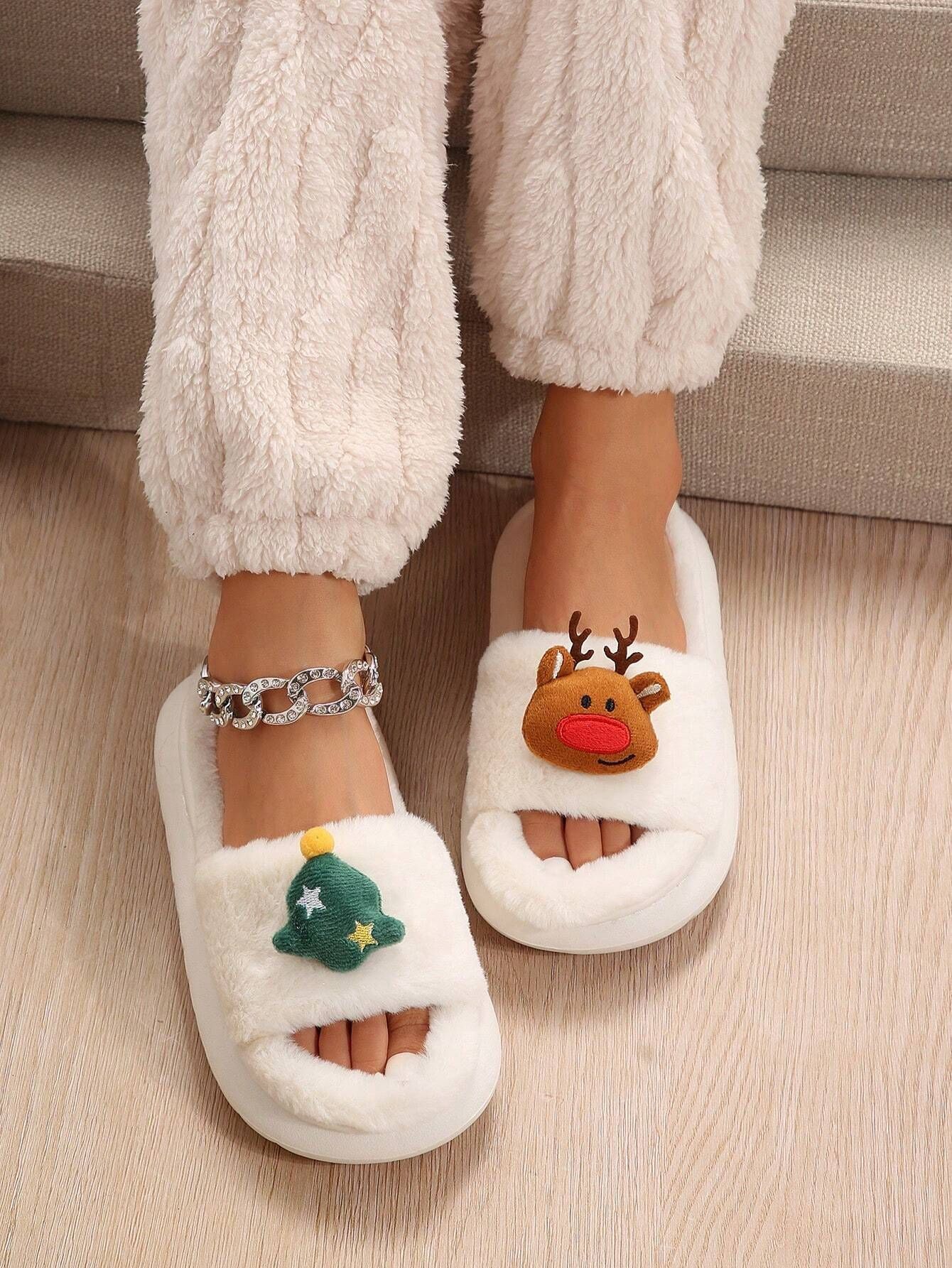 Christmas Cartoon Plush Slippers, Unisex Lightweight Thick-Soled Anti-Slip Fuzzy Slippers for Couples & Family(milky white-35-36)