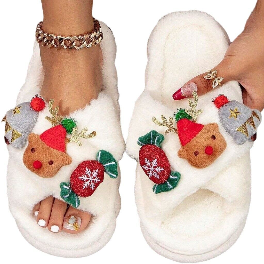 Christmas Cartoon Plush Slippers, Unisex Lightweight Thick-Soled Anti-Slip Fuzzy Slippers for Couples & Family(white-37-38)