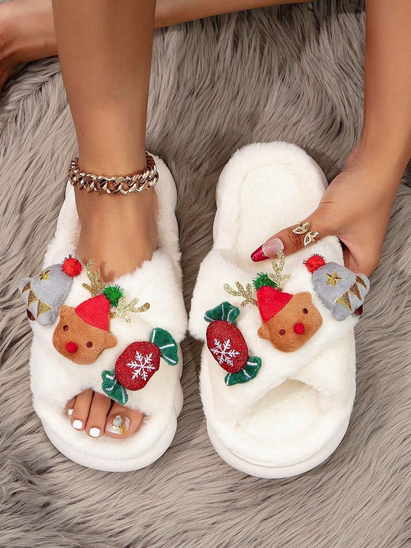 Christmas Cartoon Plush Slippers, Unisex Lightweight Thick-Soled Anti-Slip Fuzzy Slippers for Couples & Family(white-39-40)