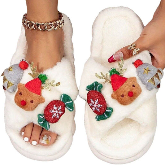 Christmas Cartoon Plush Slippers, Unisex Lightweight Thick-Soled Anti-Slip Fuzzy Slippers for Couples & Family(white-43-44)