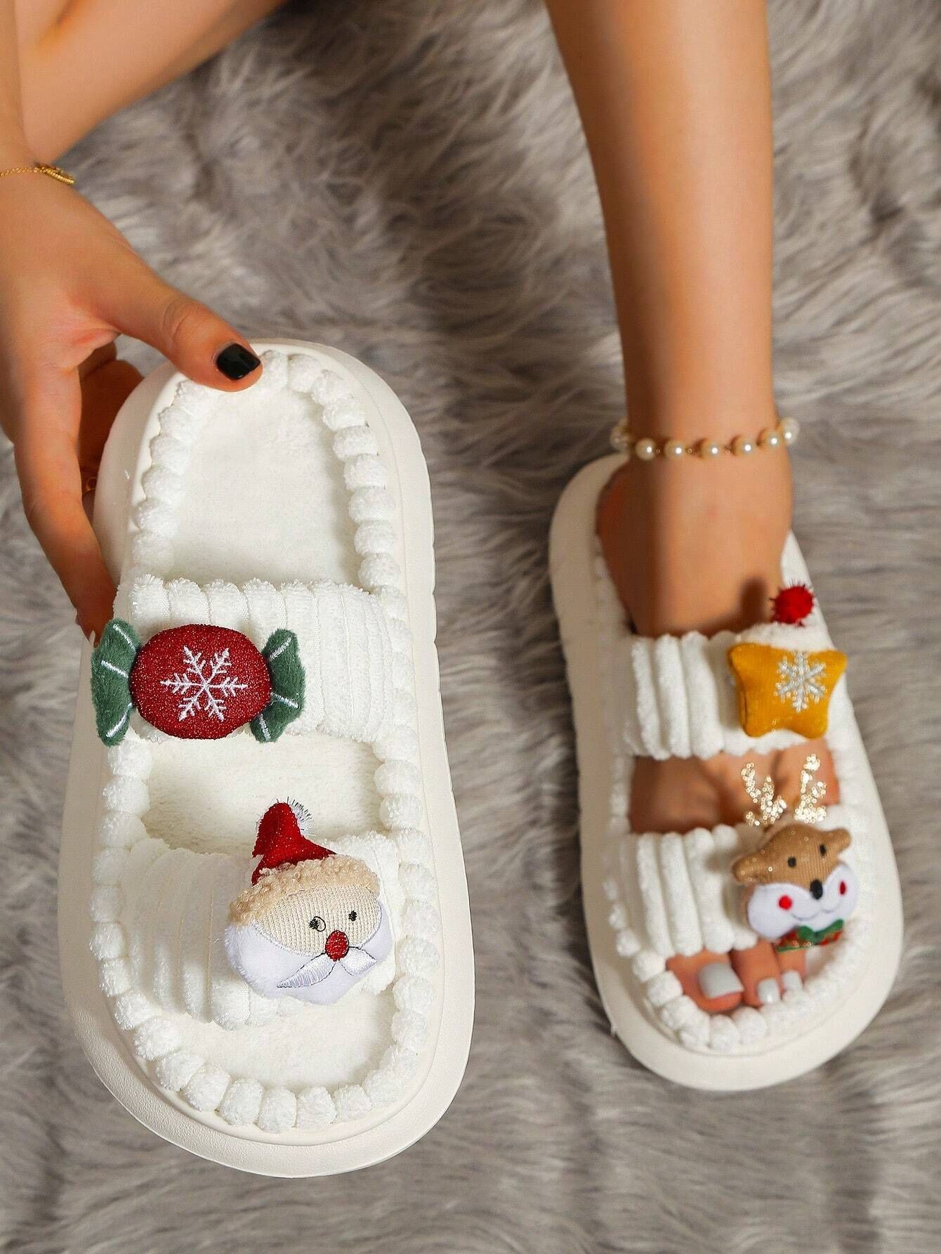 Christmas Cartoon Plush Slippers, Unisex Lightweight Thick-Soled Anti-Slip Fuzzy Slippers for Couples & Family(white-35-36)