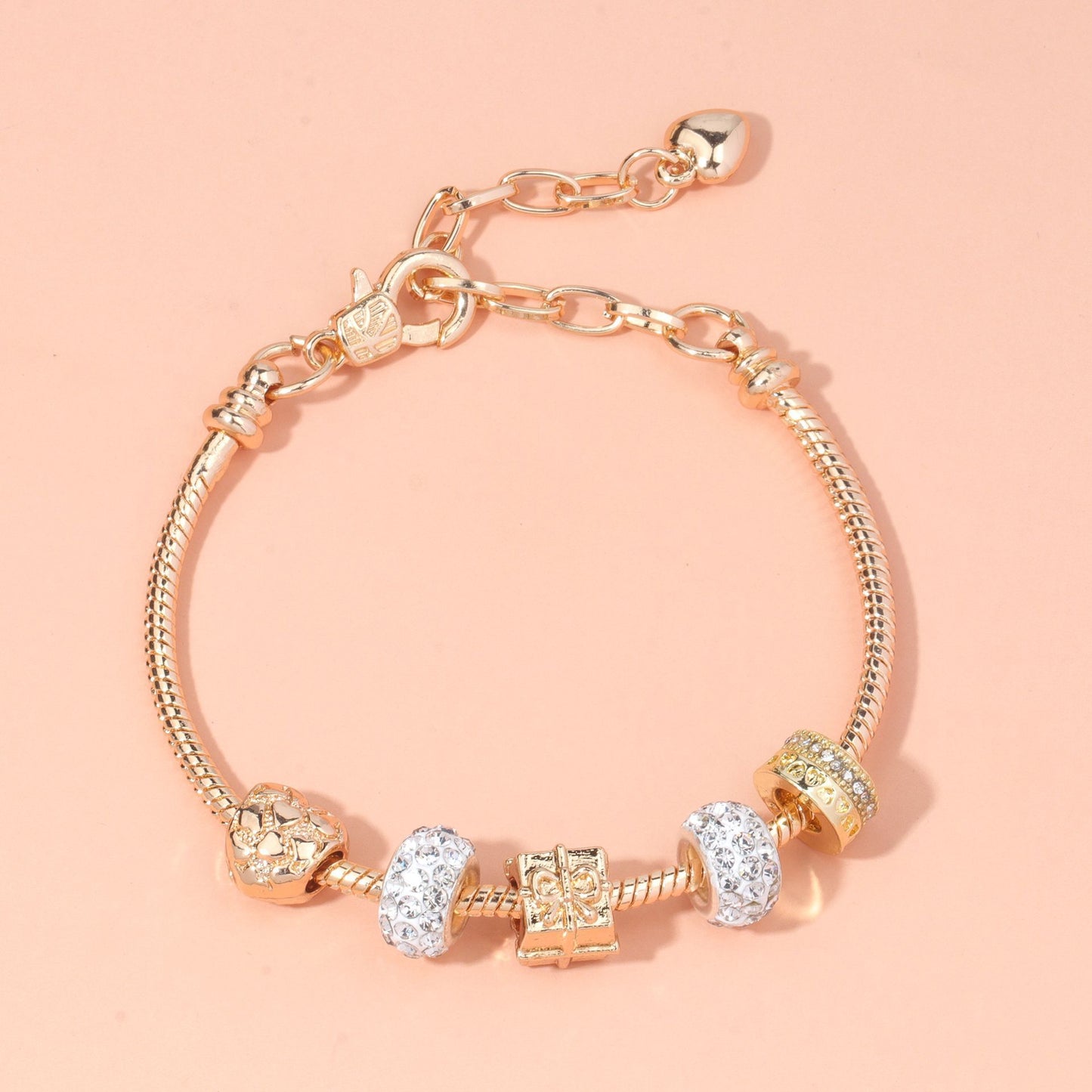 Rose Gold Crystal & Heart Charm Bracelet(rose gold,16cm)