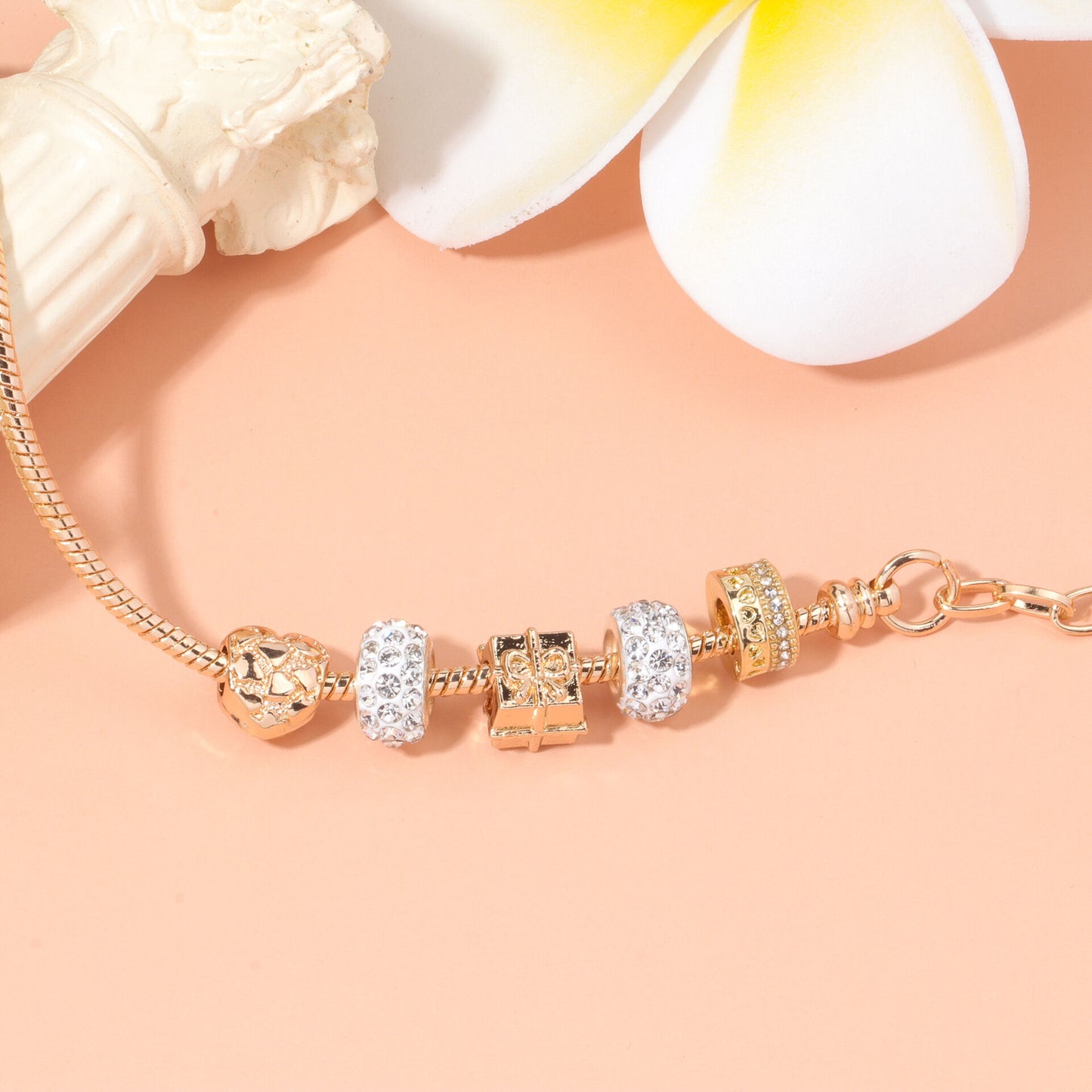 Rose Gold Crystal & Heart Charm Bracelet(rose gold,16cm)