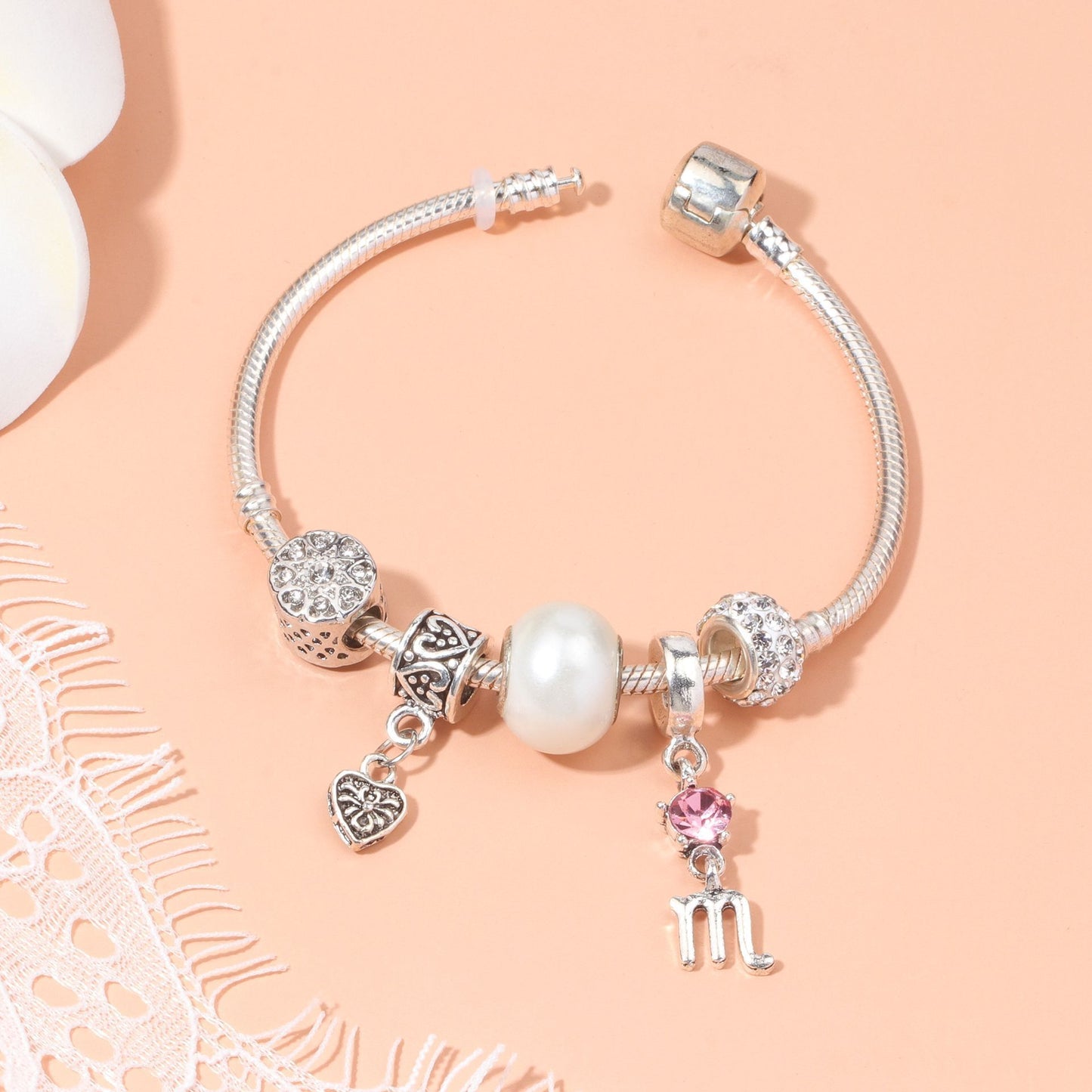 Constellation Heart Crystal Charm Bracelet(silver-toned,18cm)