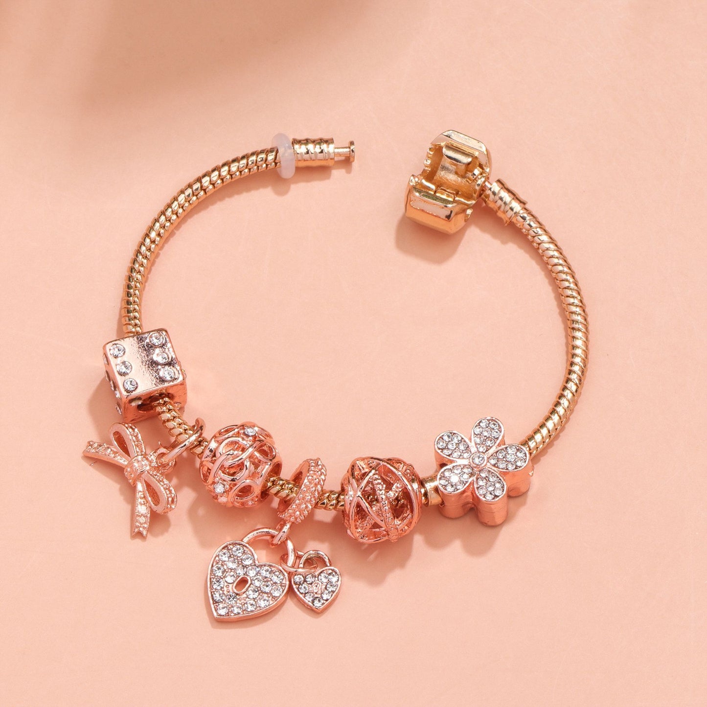 Hollow Out Crystal Flower Heart Bow Charm Bracelet(rose gold,17cm)