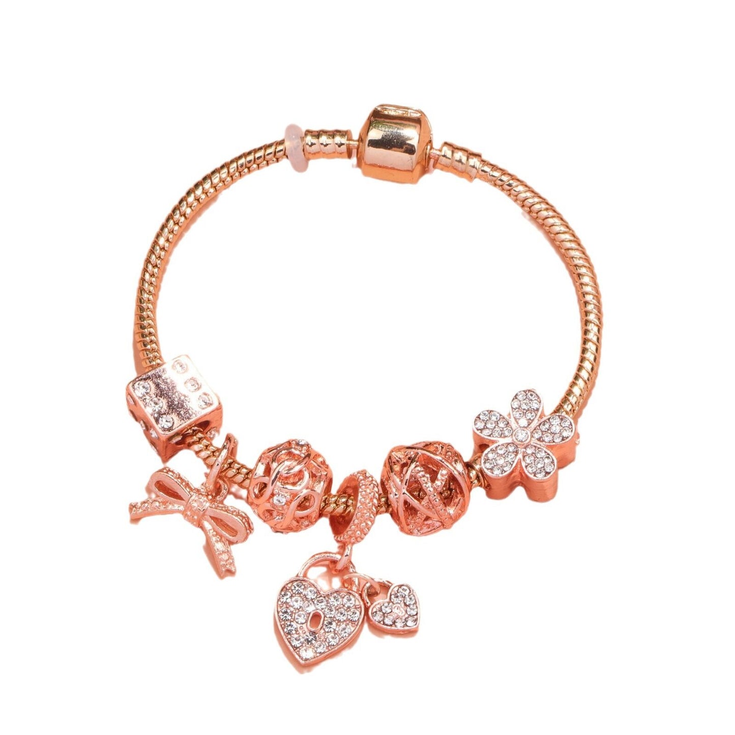 Hollow Out Crystal Flower Heart Bow Charm Bracelet(rose gold,19cm)