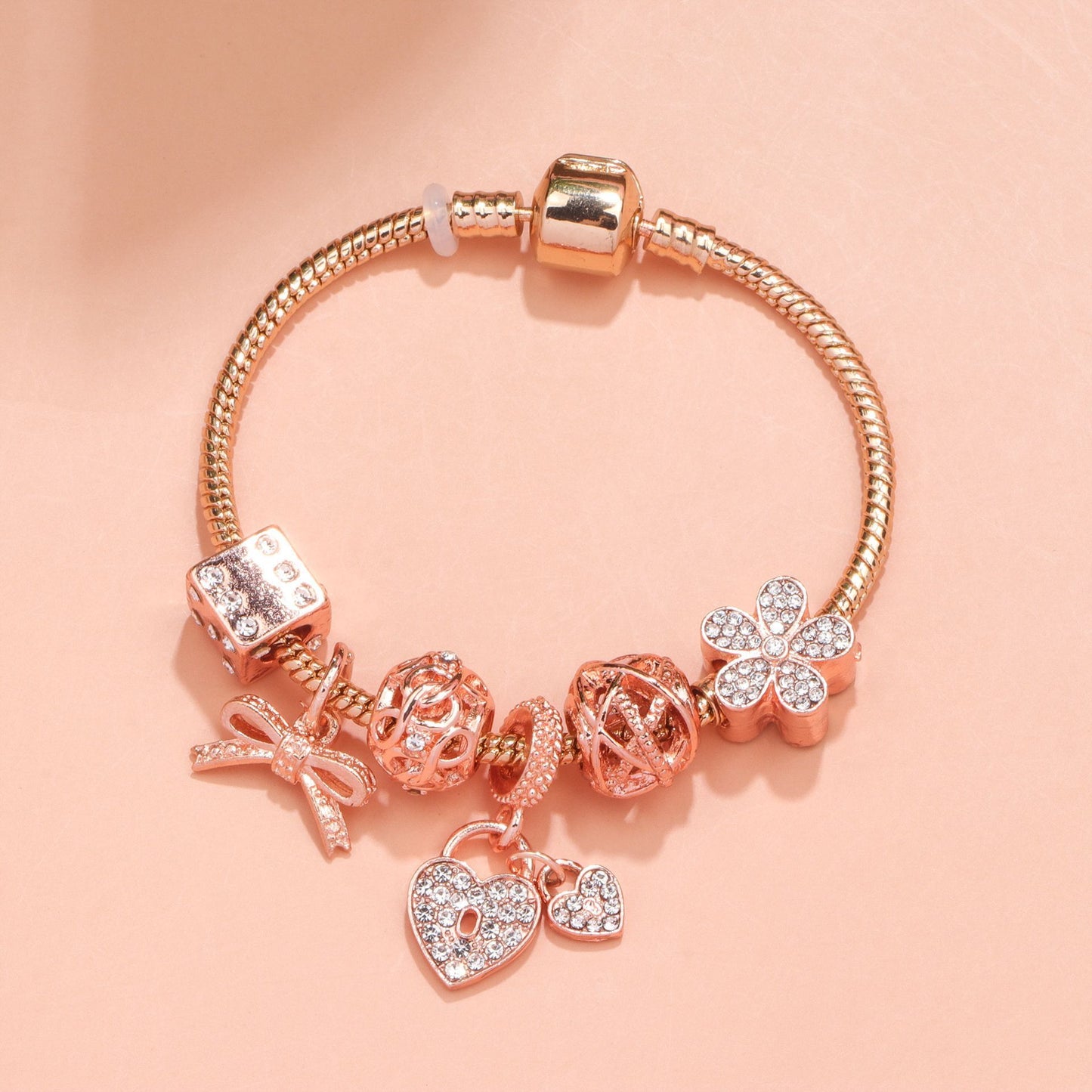 Hollow Out Crystal Flower Heart Bow Charm Bracelet(rose gold,19cm)