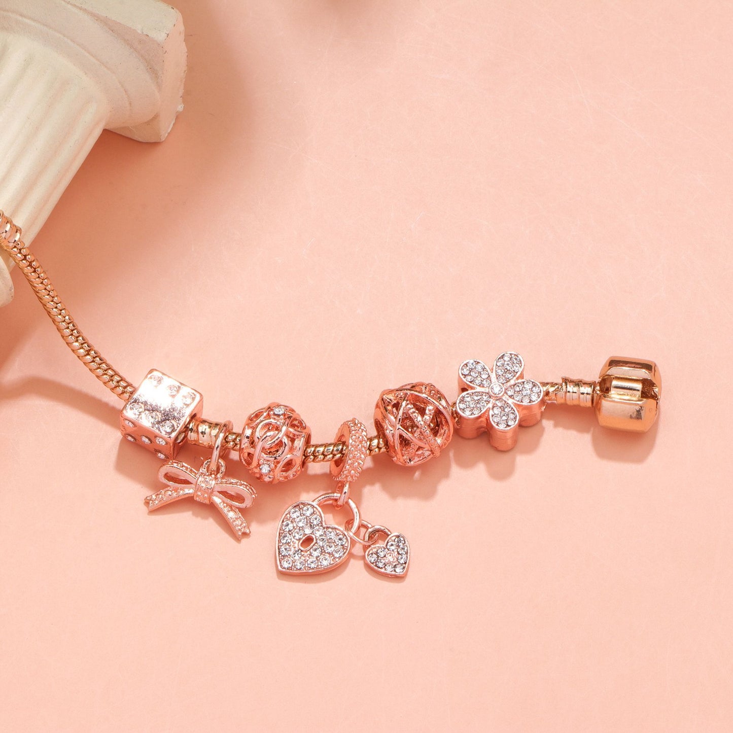 Hollow Out Crystal Flower Heart Bow Charm Bracelet(rose gold,21cm)