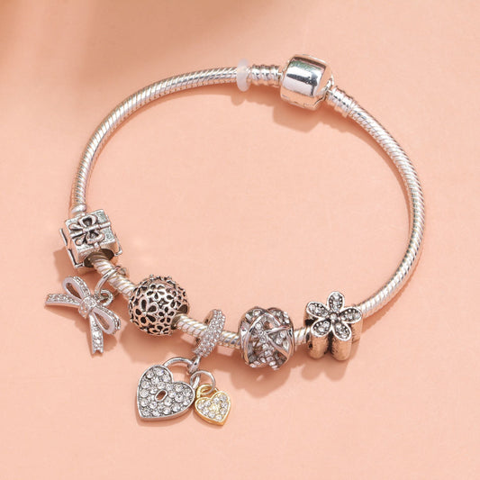 Hollow Out Crystal Flower Heart Bow Charm Bracelet(silver-toned,17cm)