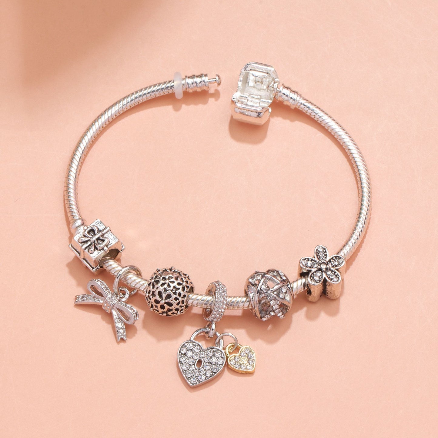 Hollow Out Crystal Flower Heart Bow Charm Bracelet(silver-toned,21cm)