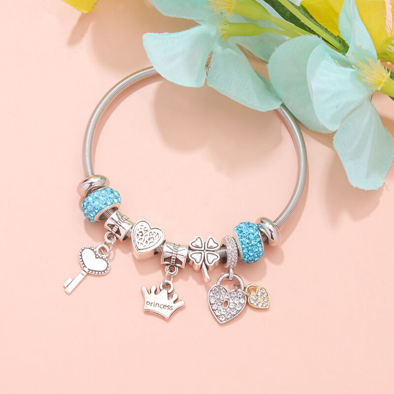 Charm Bracelet with Heart, Four-Leaf Clover & Rhinestone Beads(blue)