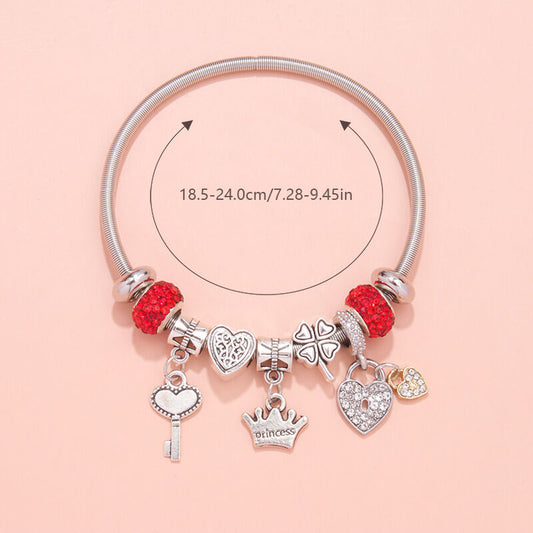 Charm Bracelet with Heart, Four-Leaf Clover & Rhinestone Beads(red)