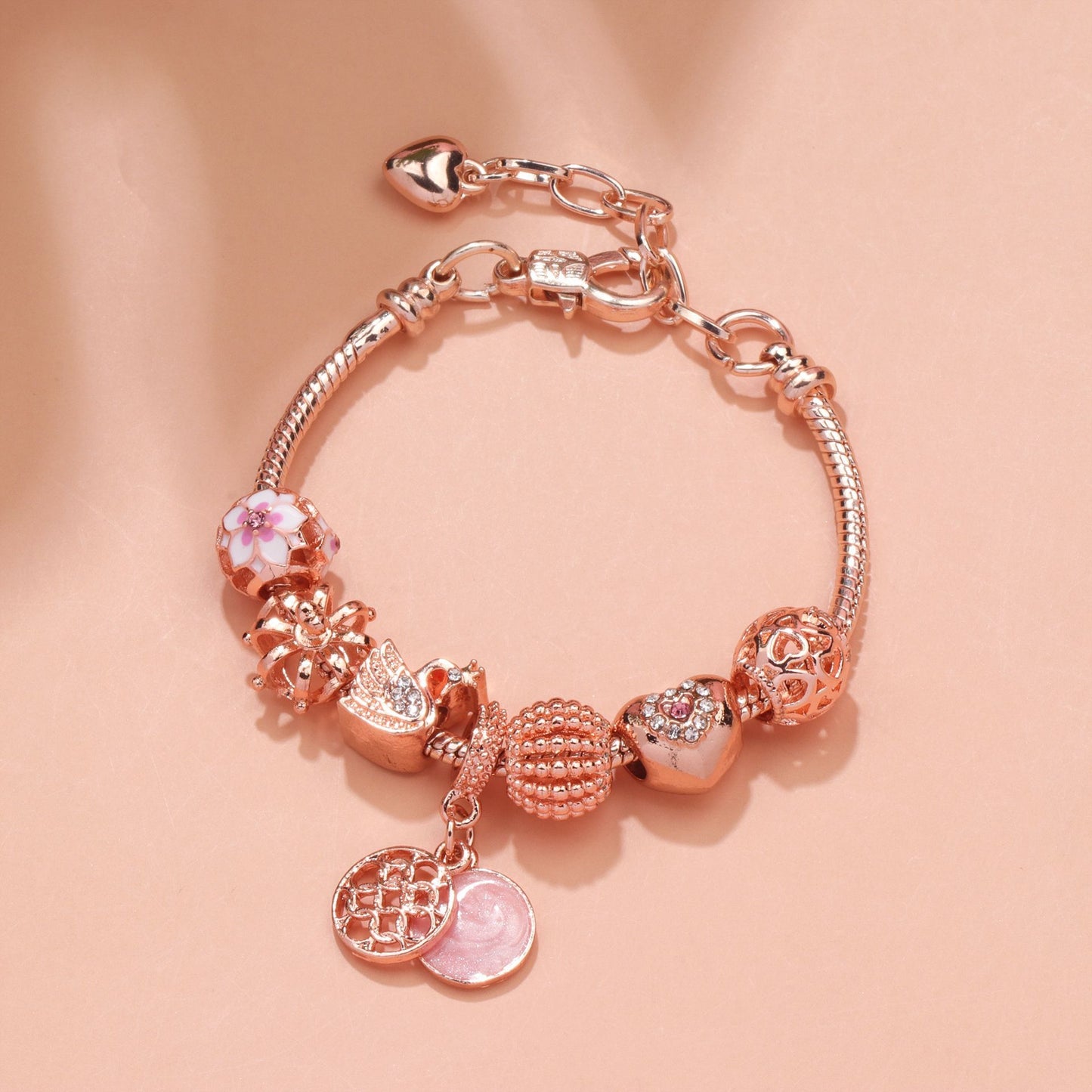 Hollow Crystal-Encrusted Swan Crown Flower Heart Bracelet(rose gold,17cm)