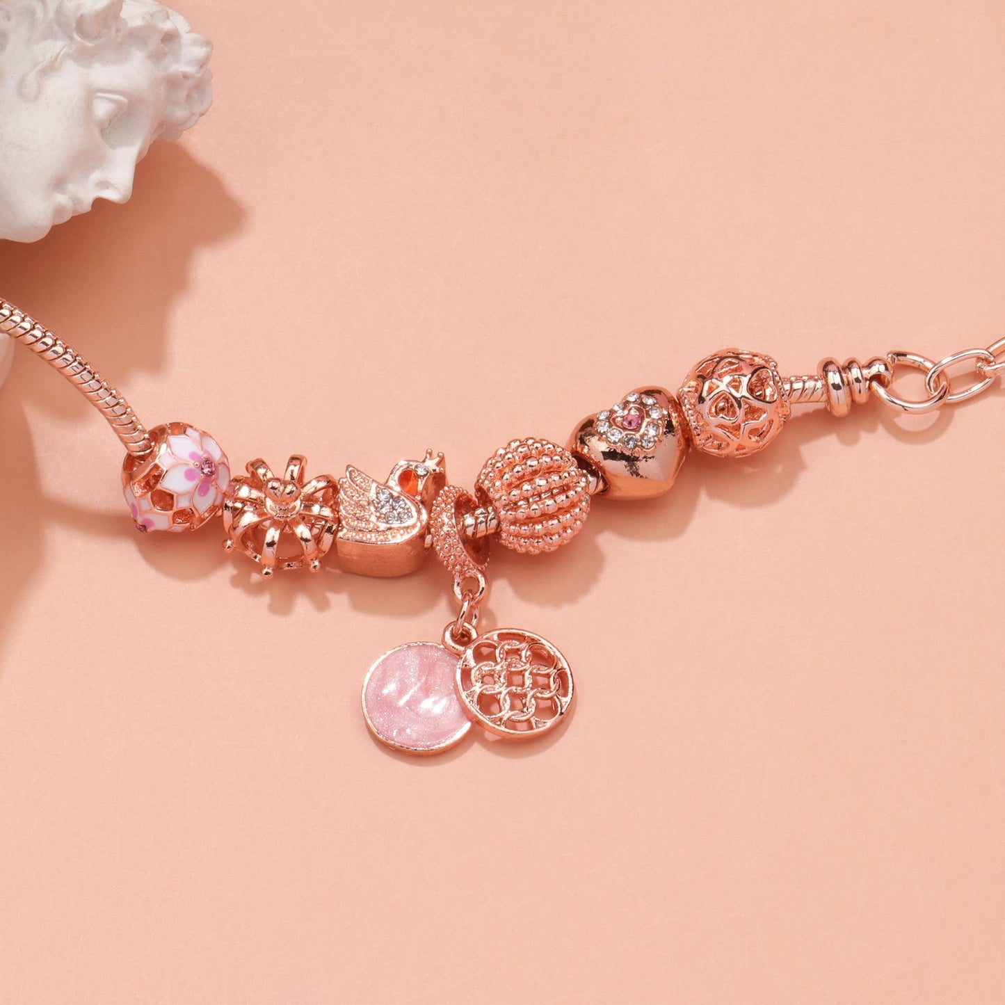 Hollow Crystal-Encrusted Swan Crown Flower Heart Bracelet(rose gold,18cm)