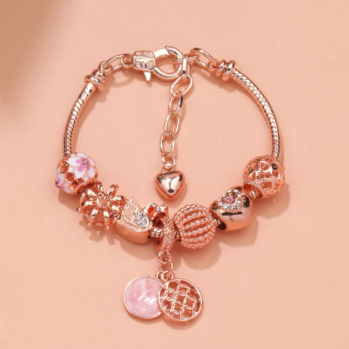 Hollow Crystal-Encrusted Swan Crown Flower Heart Bracelet(rose gold,18cm)