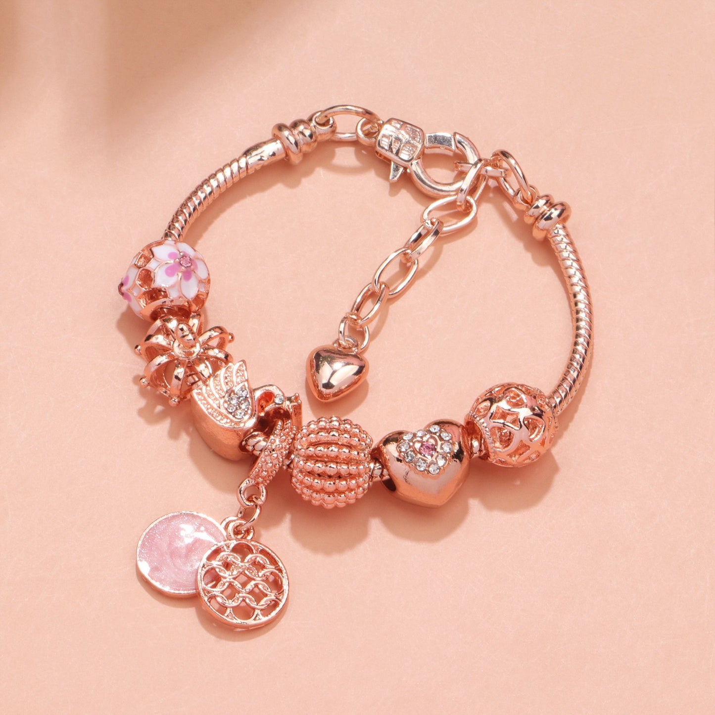 Hollow Crystal-Encrusted Swan Crown Flower Heart Bracelet(rose gold,18cm)