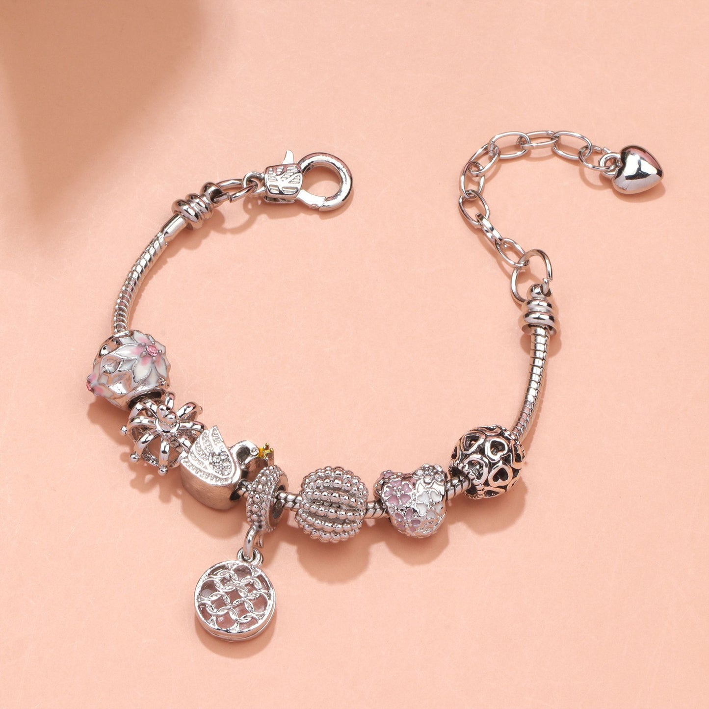 Hollow Crystal-Encrusted Swan Crown Flower Heart Bracelet(silver,17cm)