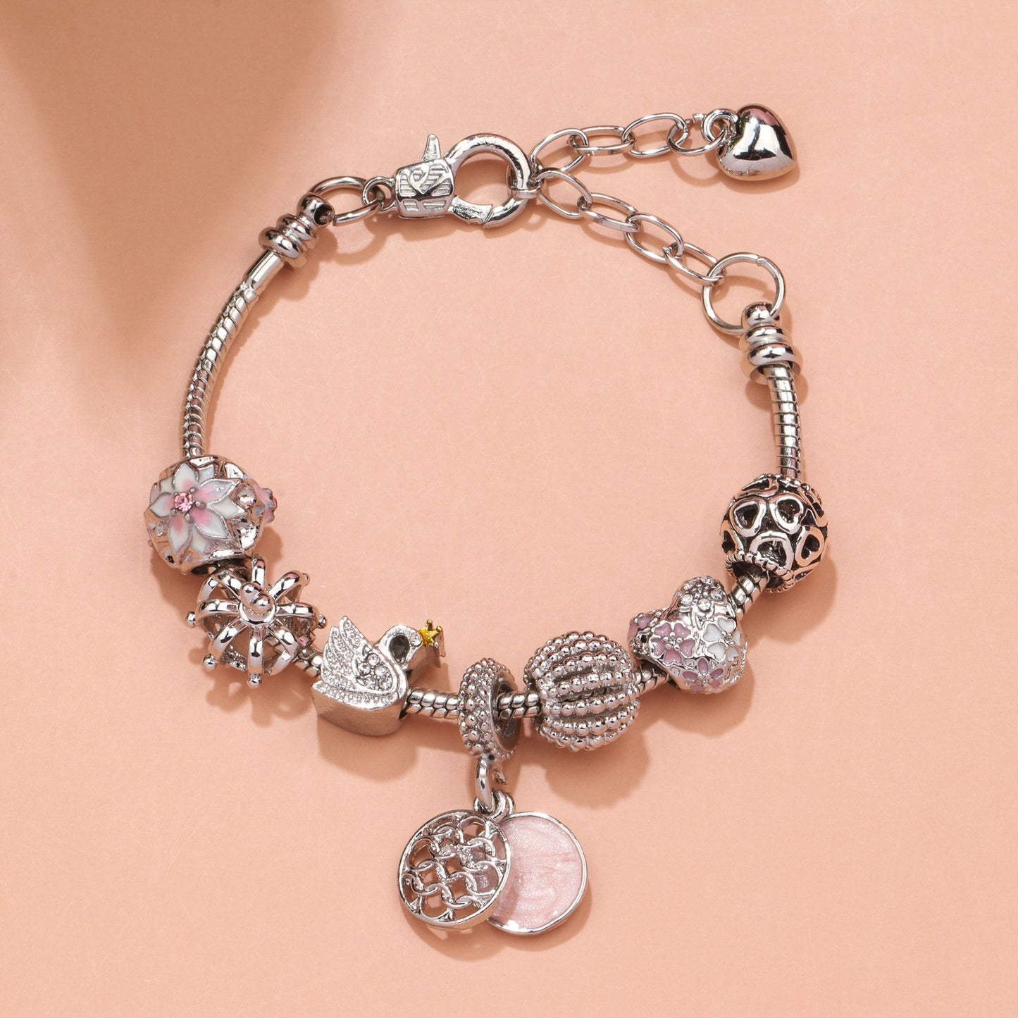 Hollow Crystal-Encrusted Swan Crown Flower Heart Bracelet(silver,18cm)