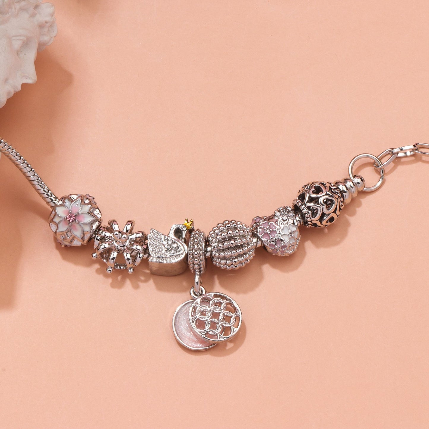 Hollow Crystal-Encrusted Swan Crown Flower Heart Bracelet(silver,19cm)