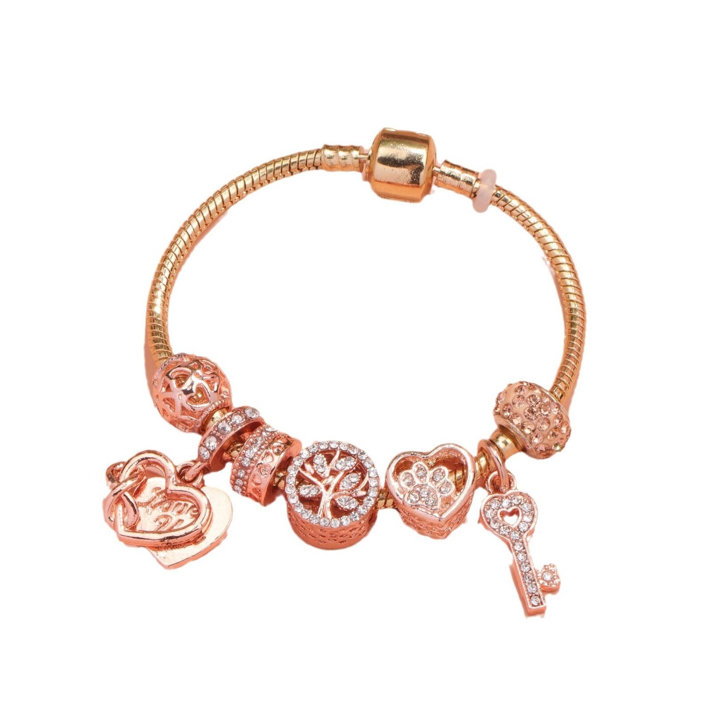 Crystal-studded Hollow Heart Key Tree of Life Bracelet(rose gold,17cm)