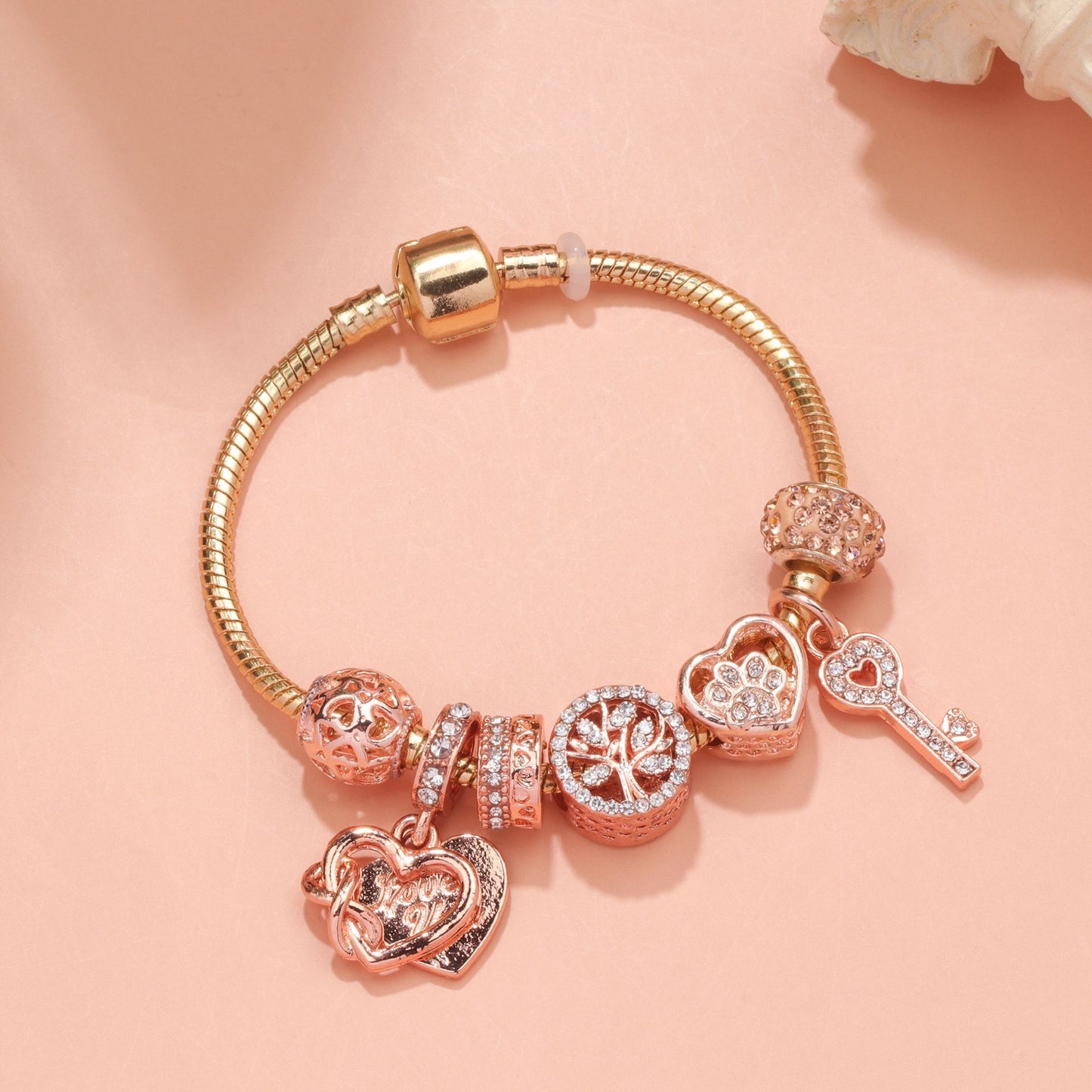 Crystal-studded Hollow Heart Key Tree of Life Bracelet(rose gold,20cm)