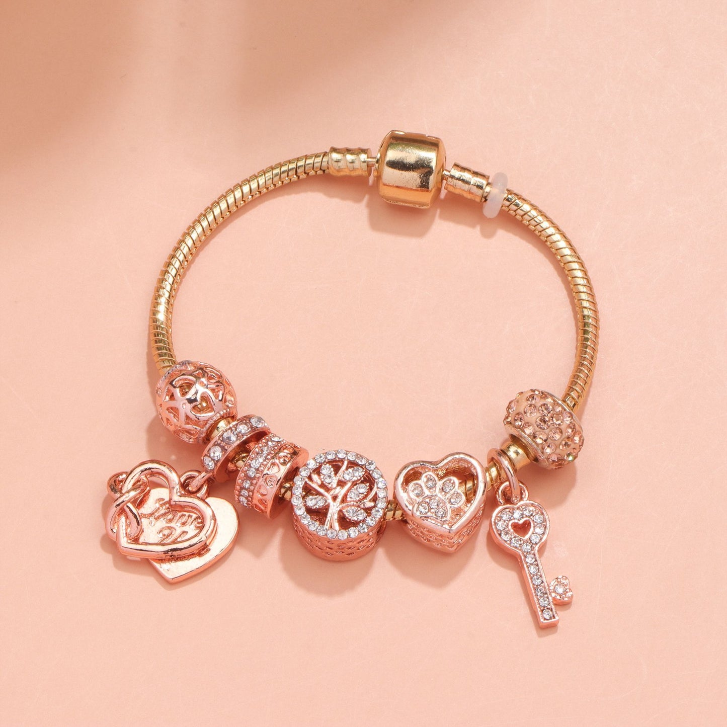 Crystal-studded Hollow Heart Key Tree of Life Bracelet(rose gold,20cm)