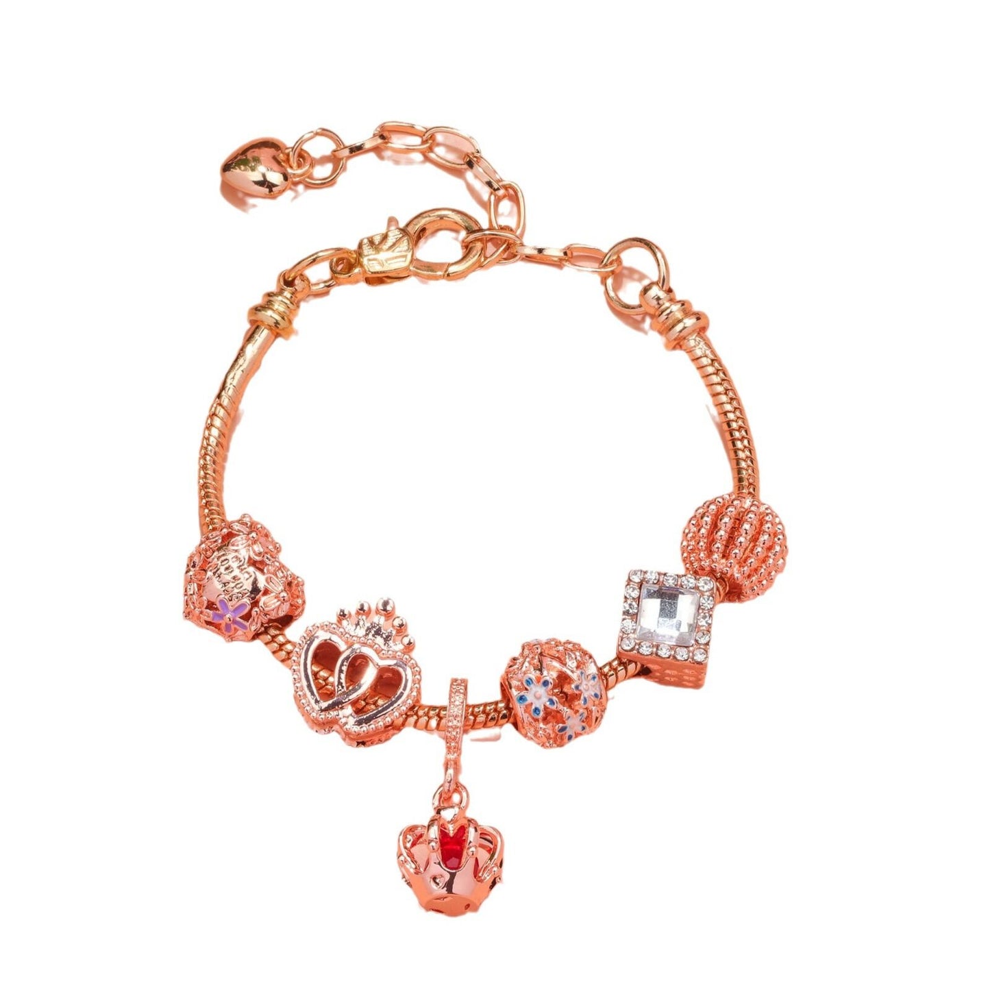 Hollow-out Rhinestone Heart Flower Charm Bracelet(rose gold,18cm)