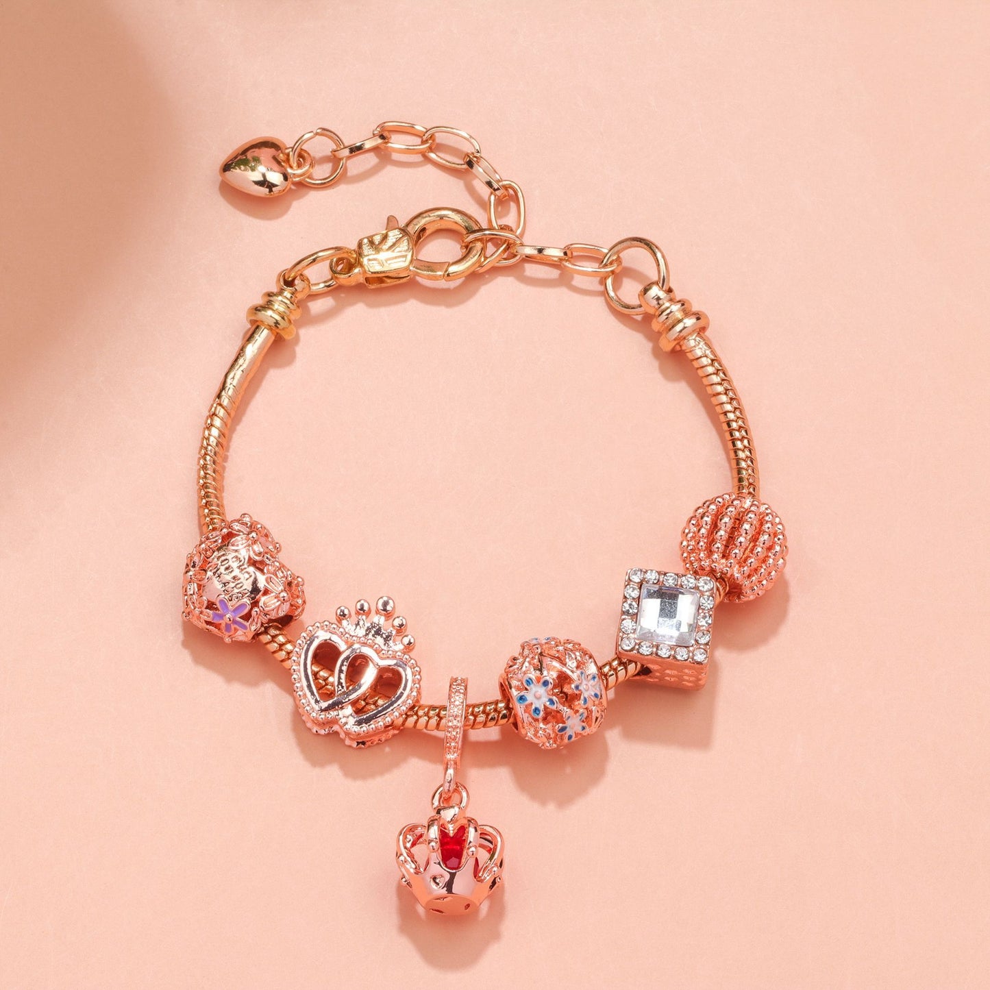 Hollow-out Rhinestone Heart Flower Charm Bracelet(rose gold,19cm)