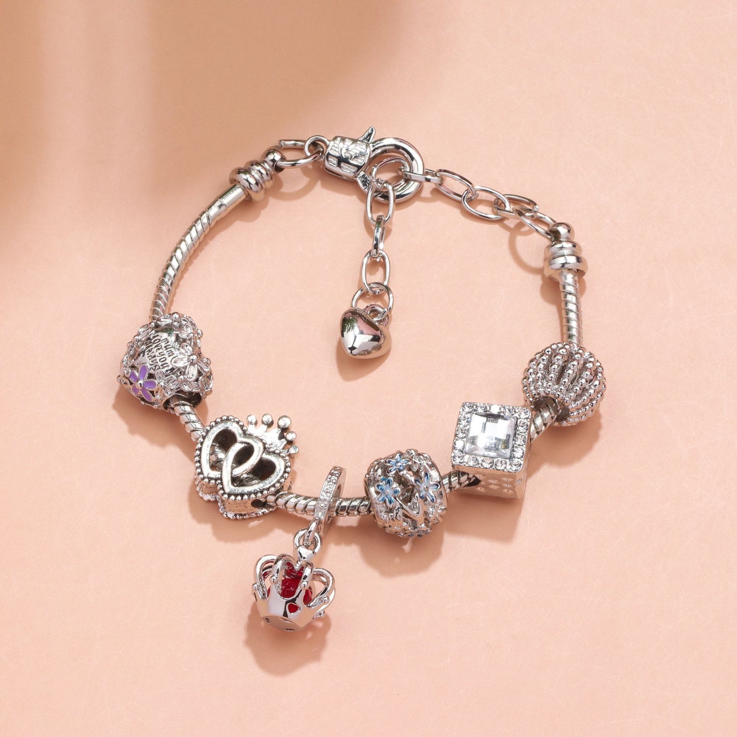Hollow-out Rhinestone Heart Flower Charm Bracelet(Silver,20cm)