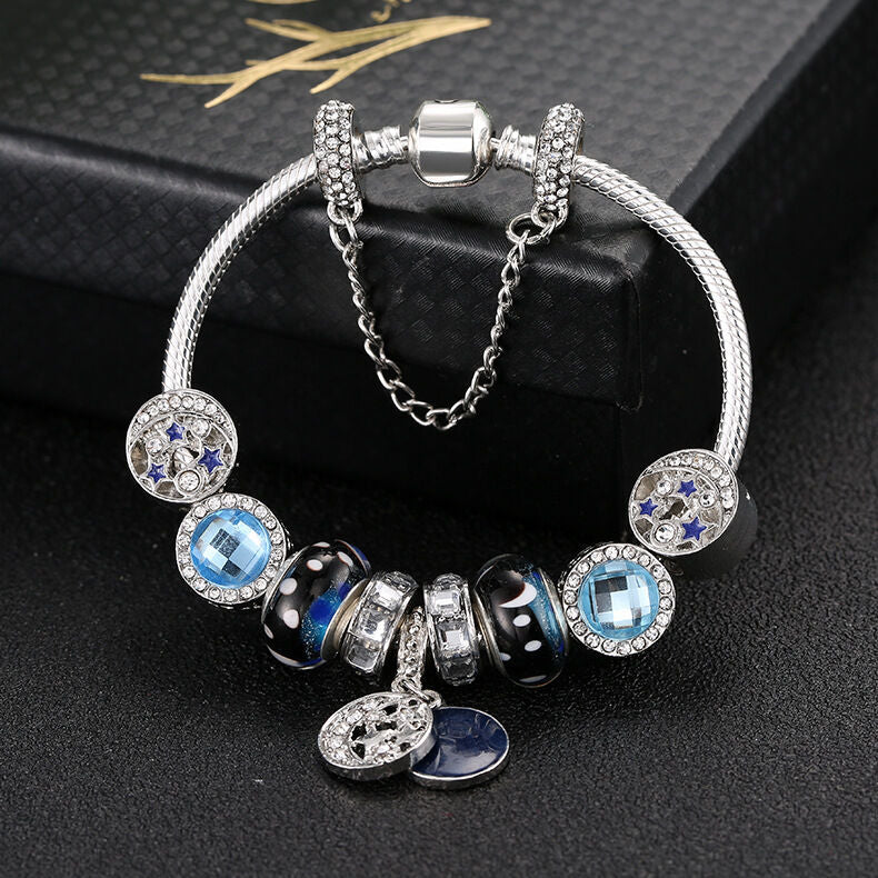 Blue Starry Sky Charm Bracelet with Moon & Star Pendant(20cm)